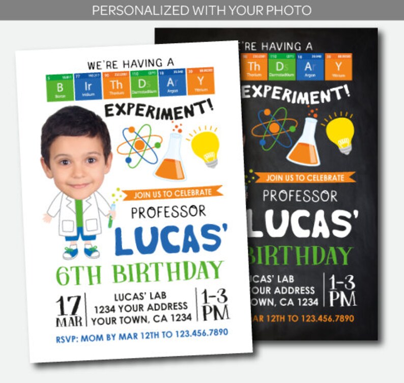 May include: A white and green birthday invitation with a cartoon scientist wearing a lab coat and holding a test tube. The invitation says "We're having a experiment!" and "Join us to celebrate Professor Lucas' 6th Birthday".