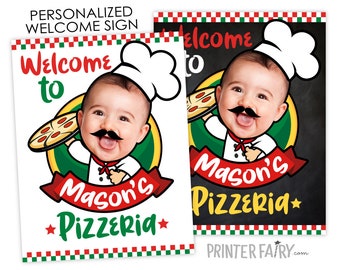 Plaque de bienvenue pizza avec photo, pizza fête d'anniversaire, fête d'anniversaire italienne, fête d'anniversaire de chef, plaque de bienvenue imprimable personnalisée, décoration