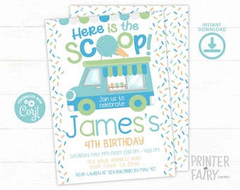 Ice Cream Truck Invitation, EDITABLE Invitation, Ice Cream birthday Invitation, Here is the Scoop Invitation, EDIT YOURSELF with Corjl