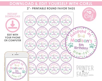 Puppy Pawty Favor Tags, Dog Birthday Party, Pet Adoption Party , Paw-ty Birthday, Pawty Birthday Decorations, INSTANT DOWNLOAD
