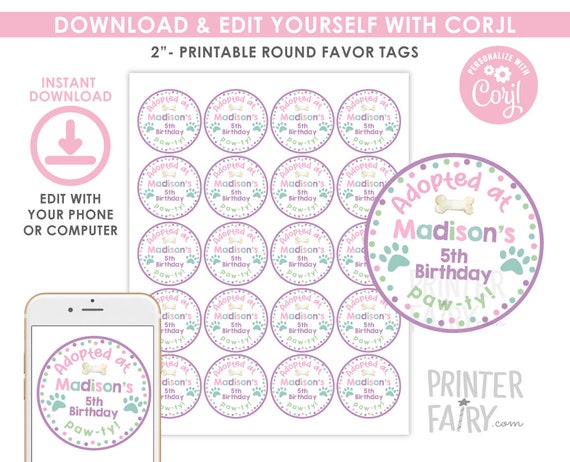 Puppy Pawty Favor Tags, Dog Birthday Party, Pet Adoption Party , Paw-ty Birthday, Pawty Birthday Decorations, INSTANT DOWNLOAD Il_570xn