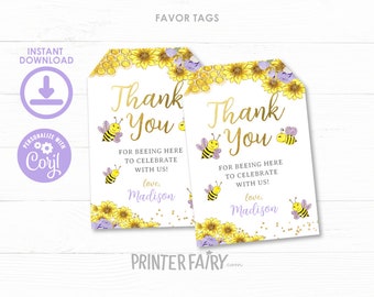 Bee Favor Tags, EDITABLE, Bee Decorations, Bee Thank You Tags, Printable Favor Tags, Bee Birthday, Bee Baby Shower, Instant Download