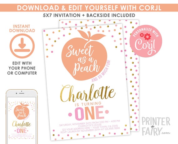 Peach Invitation, EDITABLE, Sweet as a peach Birthday Party, Peach Birthday Invitation, Peach 1st Birthday Invitation, INSTANT DOWNLOAD Il_570xn