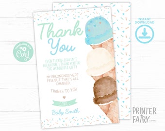 Ice Cream Baby Shower Thank You Card, Baby Sprinkle, Ice Cream Cone Watercolor Thank You Card, Boy Baby Shower, Blue Ice Cream Baby Shower