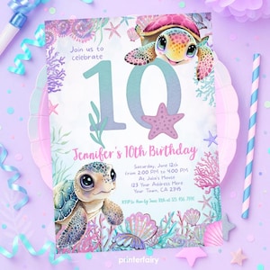 Sea Turtle 10th Birthday Invitation, Under the Sea Editable Party Invite Template, Turtley Awesome Birthday, Instant Download
