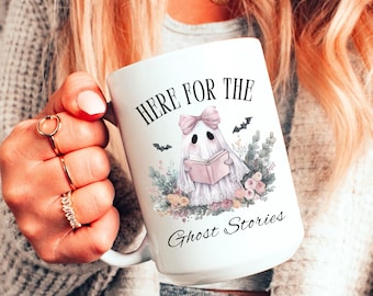 Cute Reading Ghost Halloween Coffee Mug, Spooky Ghost Stories Book Mug, Bookish Gift, Fall Halloween Mug, Horror Book Lover Gift, Bookworm