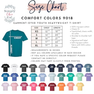 May include: A size chart for Comfort Colors 9018 youth heavyweight t-shirts by Simply Chic Gal. Includes a diagram of a teal t-shirt with chest and length measurements, a table with sizes XS to XL in inches, and a color palette of 36 shirt options.