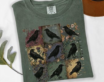 Camiseta gótica floral con cuervo, camiseta vintage con pájaros y patchwork, camiseta Comfort Colors, camiseta Dark Academia Crow Lover, camiseta cottagecore de bruja