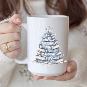 Book Lover Christmas Mug, Blue Toile Book Tree Coffee Cup, Reader Holiday Gift, Reading Mug, Cozy Winter Bookish Mug, Chinoiserie Mug