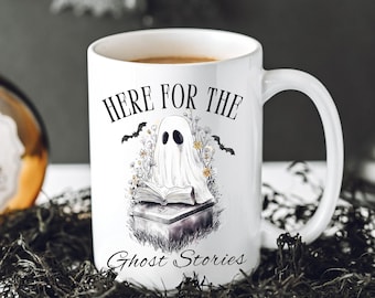 Cute Reading Ghost Halloween Coffee Mug, Spooky Ghost Stories Book Mug, Bookish Gift, Fall Halloween Mug, Horror Book Lover Gift, Bookworm