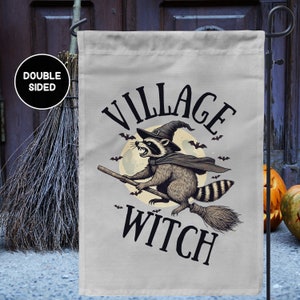 Funny Village Witch Raccoon Garden Flag, Witchy Garden Flag, Halloween Garden Flag, Fall Yard Flag, Witch Garden Flag, Spooky Garden Decor