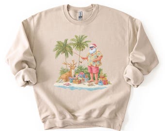 Funny Coastal Christmas Sweatshirt, Tropical Santa Sweatshirt, Christmas in July, Santa Claus Fishing Shirt, Summer Vacation Santa Shirt