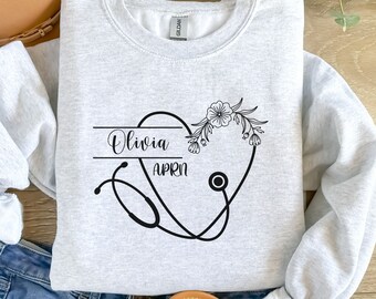 Personalized Name Floral Stethoscope Nurse Sweatshirt, Nursing Student Gift, Crewneck Sweater, Coworker Gift, ER, Peds, ICU, Oncology Nurse