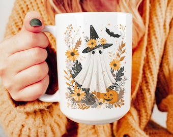 Cute Boho Floral Ghost Mug, Farmhouse Halloween Coffee Mug, Witchy Ghost Gift, Boho Spooky Vibes, Cute Halloween Mug, Cottagecore Fall Mug