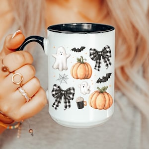 Ghost, Pumpkins, & Bows Mug, Farmhouse Halloween Coffee Mug, Ghost Gift Mug, Boho Spooky Vibes, Cute Halloween Mug, Cottagecore Fall Mug