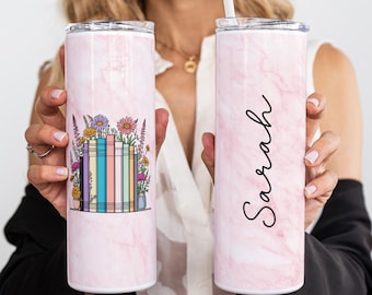 Book Lover Gift, Personalized Floral Bookshelf Skinny Tumbler, Book Theme Custom Name Tumbler, Iced/Hot Coffee Cup, Book Cup, Author Gift
