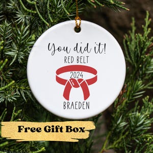 Custom Karate Belt Ornament with Name, Belt Color, & Year, Personalized Karate Christmas Ornament, Martial Arts Gift, Keepsake, Red Belt
