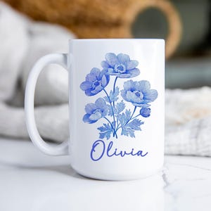 Personalized Blue Chinoiserie Floral Coffee Mug, Custom Wildflowers Coffee Cup, Cottagecore Mug, Bridesmaids Gift, French Blue Toile Mug