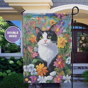 Bandera de jardín con diseño de gato esmoquin blanco y negro y flores de primavera, regalo para amantes de los gatos, bandera de jardín de primavera, regalo para mamá, abuela, regalo conmemorativo para mascotas