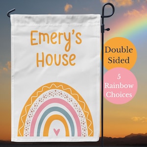 Kids Playhouse Sign, Personalized Boho Rainbow Playhouse Flag; Girls Clubhouse Garden Flag, Outdoor Playhouse Decor