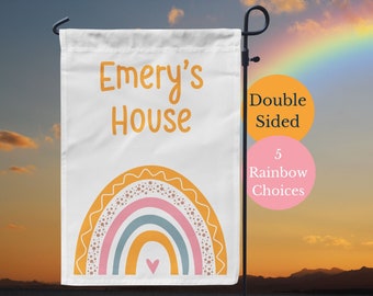 Kids Playhouse Sign, Personalized Boho Rainbow Playhouse Flag; Girls Clubhouse Garden Flag, Outdoor Playhouse Decor