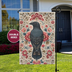 Black Crow Tapestry Garden Flag, Whimsigoth Halloween Decor, Folk Woodland Cottage Raven Yard Sign, Spooky Black Bird Gift, Fall Garden Flag