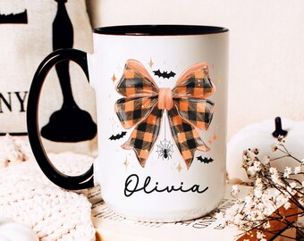 Cute Halloween Bow Coffee Mug, Personalized Halloween Mug, Spooky Season, Spooky Vibes Coffee Cup, Creepy Halloween Decor, Custom Fall Mug