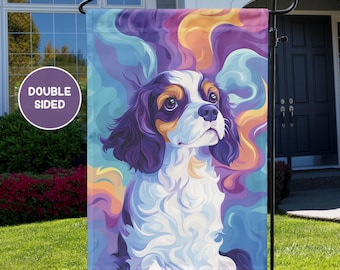 May include: Double-sided garden flag featuring a colorful abstract design with a Cavalier King Charles Spaniel dog. The dog is white with brown and black markings and has a purple and blue background.