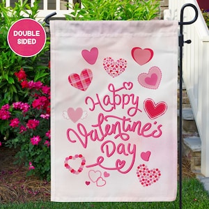 Happy Valentines Day Garden Flag with Pink Hearts, DOUBLE SIDED, Modern Flag Outdoor Yard Decor, Cute Seasonal Front Porch Decor