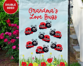 Personalized Grandma's Love Bugs Ladybug Garden Flag w/ Grandchildren's Names, Custom Valentine's Day or Mother's Day Gift Nana, Mimi, Gigi