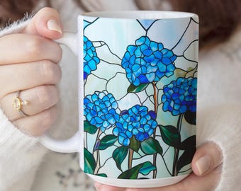 Stained Glass Blue Hydrangeas Flower Mug, Spring Floral Coffee Cup, Mother's Day Gift, Gardening Mug, Nature Lover Mug, Gift for Her