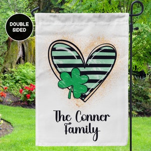 St. Patrick's Day Personalized Garden Flag with Green Shamrock and Heart Irish Yard Decor, Custom Family Name Spring Garden Flag image 5