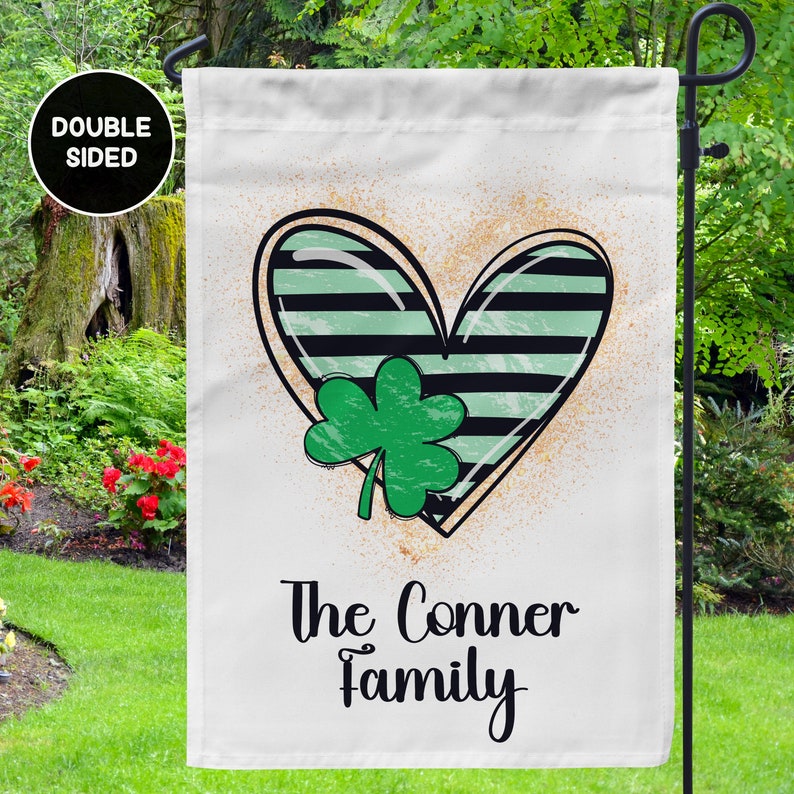 St. Patrick's Day Personalized Garden Flag with Green Shamrock and Heart Irish Yard Decor, Custom Family Name Spring Garden Flag image 5