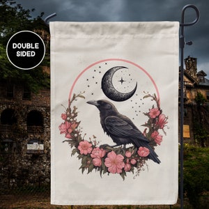 Fall Crow Celestial Garden Flag, Whimsigoth Halloween, Folk Woodland Cottage Raven Yard Banner Sign, Spooky Garden Decor, Moon Garden Flags