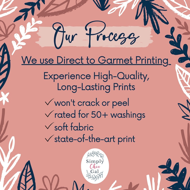 May include: A dusty rose informational graphic with dark blue and white leaf illustrations. The text reads: Our Process, We use Direct to Garment Printing, Experience High-Quality, Long-Lasting Prints, won't crack or peel, rated for 50+ washings, soft fabric, state-of-the-art print, Simply Chic Gal.