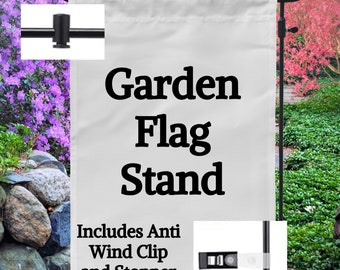 Garden Flag Stand with Anti Wind Clip & Stopper; Small Garden Flag Pole, Garden Flag Holder; Sturdy 3 Prong Bottom, Fits 12 x 18 inch Flags