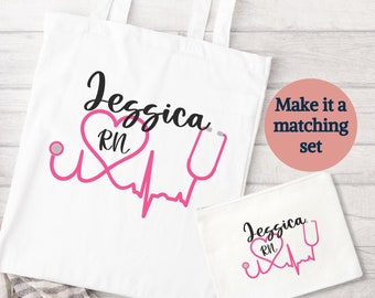 Personalized Nurse Canvas Tote Bag or Zipper Pouch w/ Cute Stethoscope Heartbeat, Student Nurse Gift, Coworker Gift, Oncology Nurse