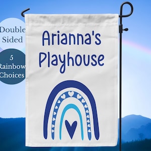 Kids Playhouse Sign, Personalized Boho Rainbow Playhouse Flag; Girls Clubhouse Garden Flag, Outdoor Playhouse Decor