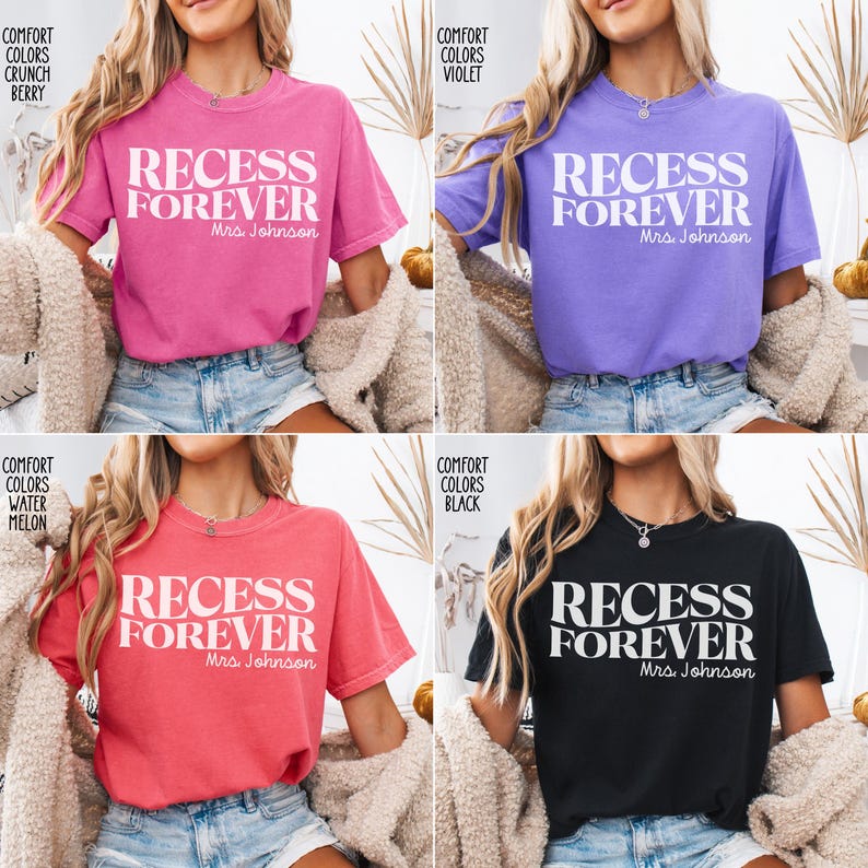 Puede incluir: Cuatro camisetas de diferentes colores: rosa, morado, coral y negro. Cada camiseta tiene la frase "RECESS FOREVER" en letras blancas, con "Mrs. Johnson" debajo. Las camisetas son de manga corta y casuales.