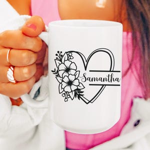 Personalized Name Coffee Mug, Custom Floral Heart Coffee Cup, Valentine&#39;s Day Gift, Sister Gift, Girlfriend Gift, Wife Gift, Coworker Gift