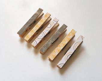 Decorative Clothespins Standard Size In Yellow and Stone Grey Floral and Dots Set of 6 Wooden Clothes Pin Clips Farmhouse Decor Card Holder