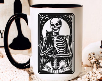 Cat Lover Skeleton Tarot Card Coffee Mug, Black Cat Coffee Cup, Cat Lover Gift, Halloween Mug, Skeleton Mug, Spooky Season, Goth Coffee Mug