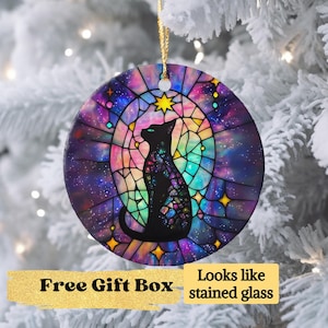 Magical Black Cat Ornament, Celestial Stained Glass Effect, Halloween Ornament, Gothic Cat Owner Gift, Halloween Cat Decor, Animal Ornaments