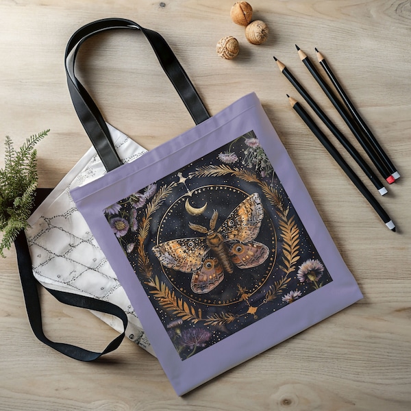 Black and Lavender Celestial Moon Moth Tote Bag; Dark Academia Aesthetic, Goblincore or Weirdcore, Book Lover Gift, Reusable Shopping Bag