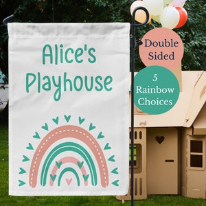 Kids Playhouse Sign, Personalized Boho Rainbow Playhouse Flag; Girls Clubhouse Garden Flag, Outdoor Playhouse Decor