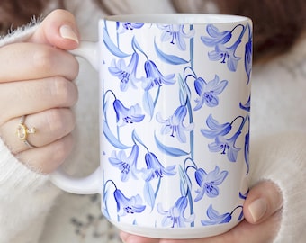 French Toile Style Blue Bell Flower Mug, Bluebells Coffee Mug, Spring Floral Coffee Cup, Mother's Day Gift, Nature Lover Mug, Gift for Her