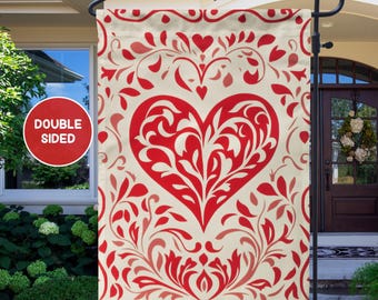 Red Victorian Tapestry Heart Valentines Day Garden Flag, Romantic Heart Motif Yard Art, Cottagecore Lawn Decor Gift, Cute Front Porch Decor