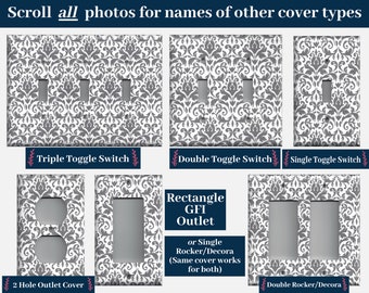 Silver/Gray/Grey & White Floral Damask Light Switch Plates and Wall Outlet Covers Elegant Home Decor Accents