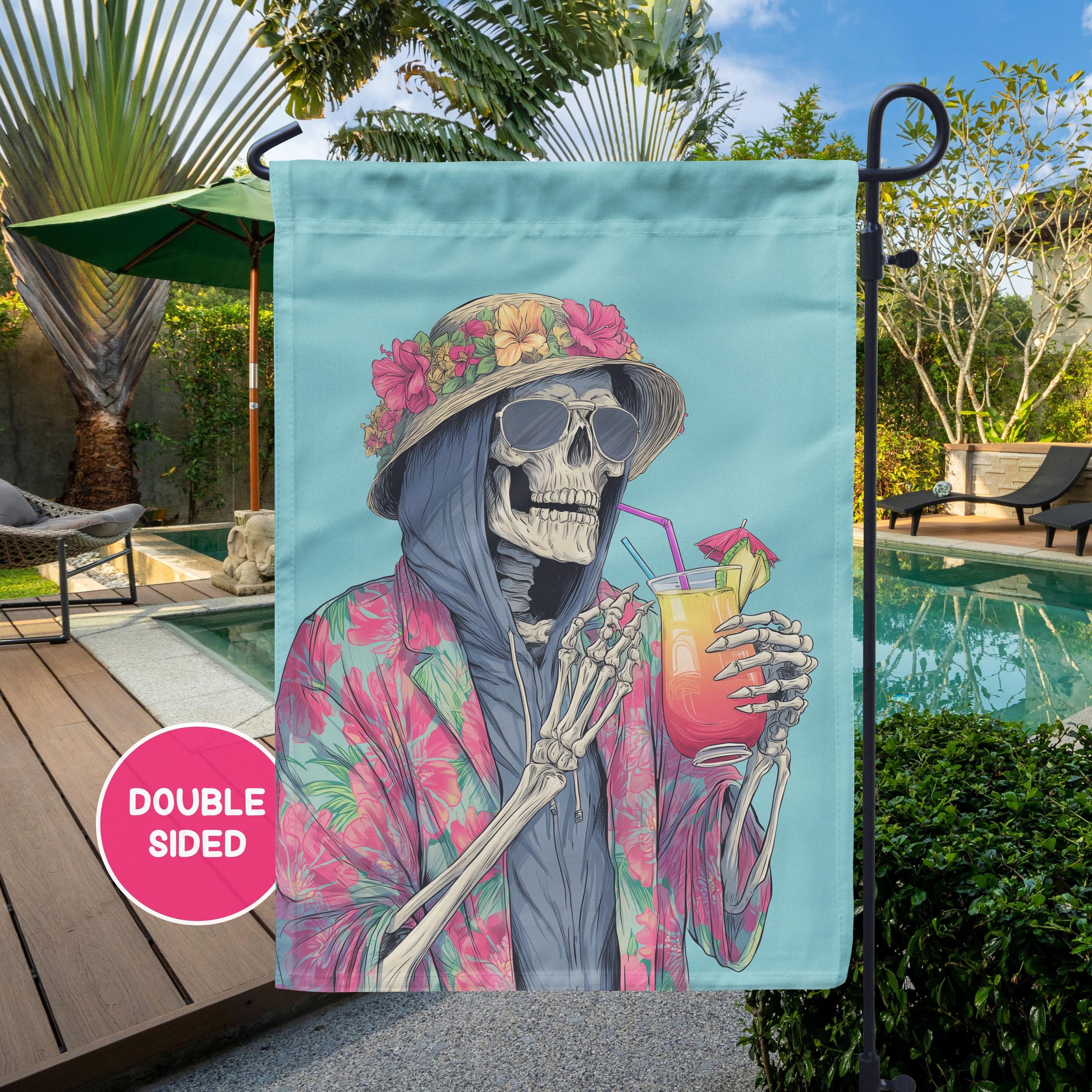 Funny Summerween Skeleton Garden Flag, Summer Garden Flag, Beach House Decor, Spooky Beach Garden Flag, Pool House Flag, Outdoor Home Decor