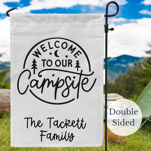 Bienvenue dans notre camping Drapeau de jardin personnalisé, Drapeau de camping personnalisé, Drapeau de campeur